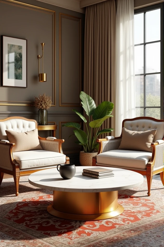 Professional 3d architecture rendering design of modern and  gold French design for living room  with elegant wooden and  medium  size and beautiful white marble slab stone middle table with elegant French chairs and silk Persian carpet and elegant curtains and clothes wall and showing complete 