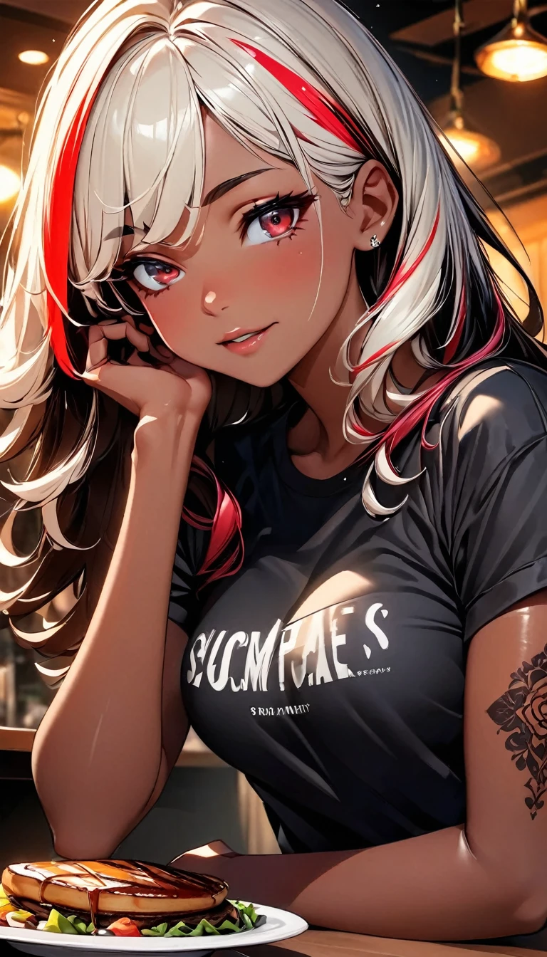 (highest quality:1.2, Very detailed, up to date, Vibrant, Ultra-high resolution, High Contrast, masterpiece:1.2, highest quality, Best aesthetics), Portraiture、girl、singer, solo, ((25-years-old:1)), Bright colors, Beautiful fine details、Beautiful lip detail、medium wave hair、red and white ((streaked hair:1.6)), highlights hair: 1.5, red eyes, slim body, medium breast, (tan skin:1.1), (Floral Fineline tattoo design on left arm:1), black t-shirts, holding mug of beer, (eat thick steak and pancakes:1), siting in table, steak dinner, salad, pancakes, steak house, (upper body),
