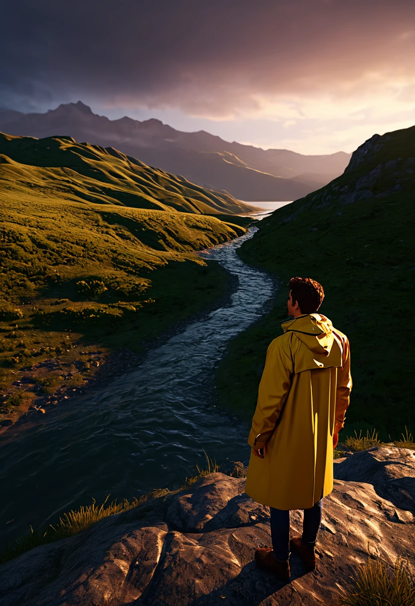 Photorealistic landscape, a young Man wearing a rain coat, smiling foolish, Natural landscapes, natural, natural beauties, golden sunset, sky, sky Power, Detailed realistic sunset, mountainous landscape, rivers of water, sunset realism, árboles natural, alone men, Alpha male, Camino al sky, celestial, Detailed 8K realistic image, 16K Photorealistic Contrast, 8K Photorealistic Sharpness, Photorealistic 4K cores, 16K Photorealistic Shadows, 8K photorealistic textures, 16K photorealistic texture, 4K photorealistic light, 4K photorealism, Detailed contrast FullHD 4K, Detailed sharpness FullHD 8K, Detailed sharpness FullHD 4K, Detailed sharpness, Detailed 2K colors, realistic colors, FullHD detailed shadows, Detailed 4K textures, detailed texture, decent, sunlight, mares, ocean, mountains, divine skies, 4K detailed realistic panorama, loneliness, loneliness, bellezas natural, elegant, on the top of a hill 