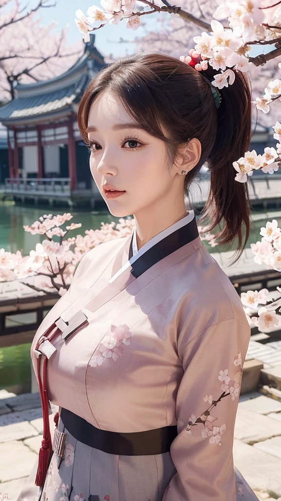 (best quality, 8k, masterpiece: 1.3), ink painting style ((((((extremely giant breasts: 0.8))))), single ponytail, (beautiful face:1.3), Cherry blossoms are in full bloom, full of cherry blossoms, Floating cherry petals, Gorgeous, authentic Korean hanbok