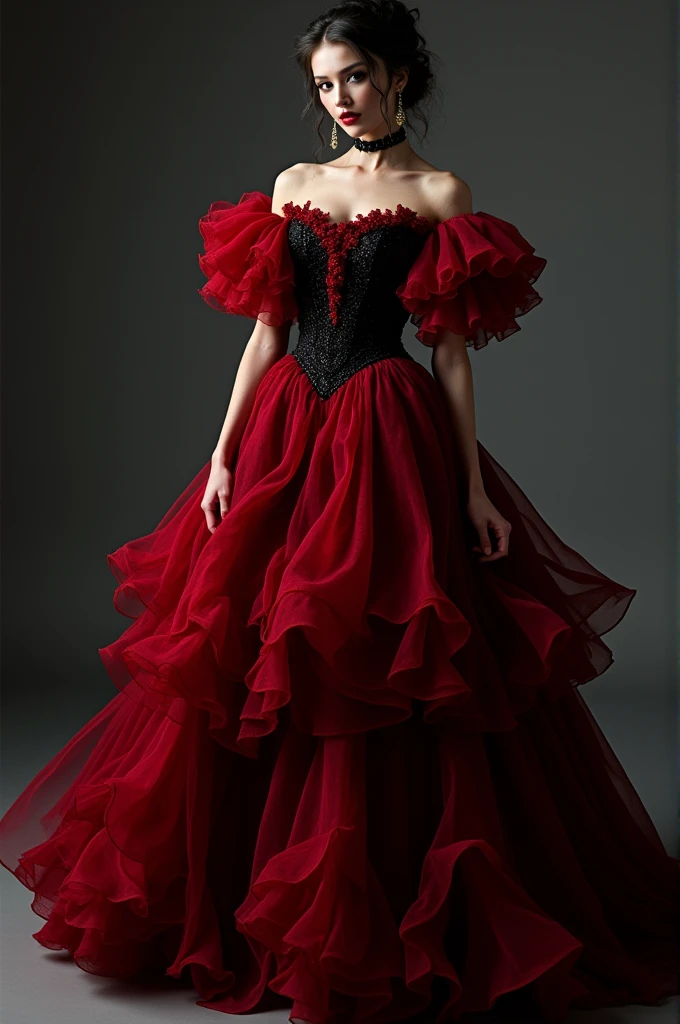 Vampire style dress in red and black colors, with volume in the skirt, off shoulder and sleeves reaching to the elbows with ruffles