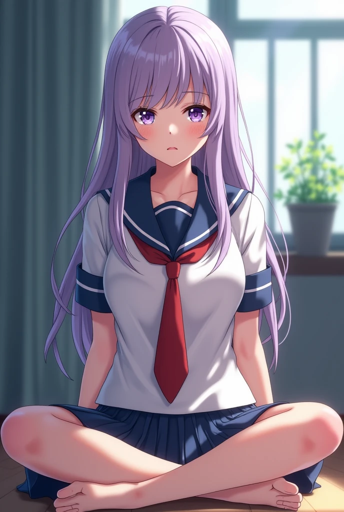 masterpiece highest quality high resolution、Anna Tanaka , Light purple long hair, Sitting cross-legged in uniform、Beautiful legs with a perfect body 、In a girls' high school、Taken with Canon's top-of-the-line, high-resolution digital camera, as if looking up from below、Embarrassing gesture