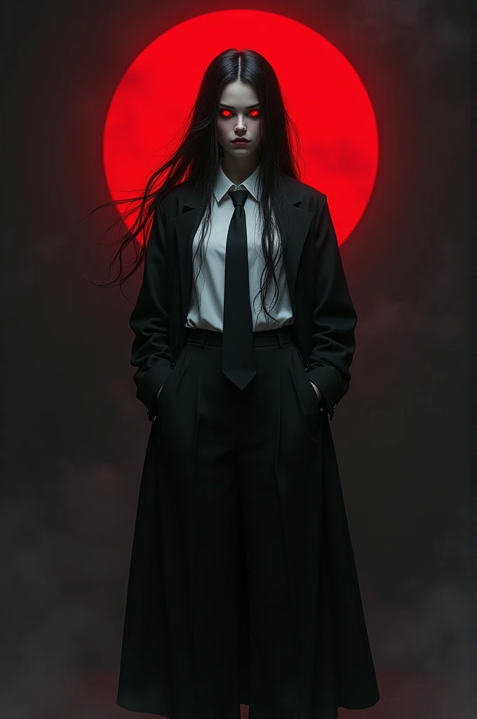 create a female character with red eyes, a red halo, long black hair and fair skin. Wearing a loose fitting suit showing a white dress shirt with a black tie, black dress pants and black dress shoes.
