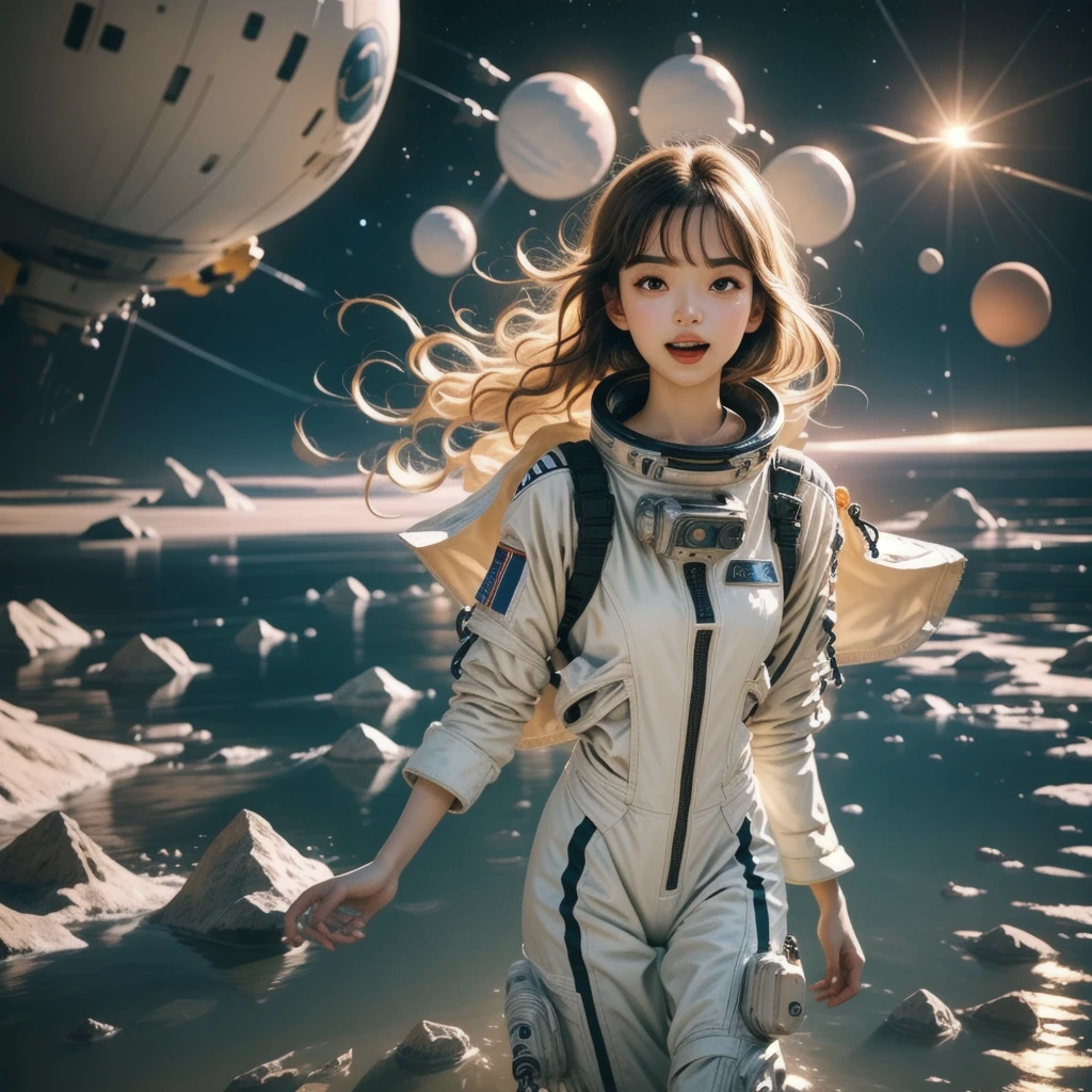 A girl in a spacesuit, floating in space, majestic planets in the background, full body shot, space station, planetary rings, wide angle lens, open mouth laughing, cinematic lighting, highly detailed, photorealistic, 8k, award winning, ethereal, dramatic, mesmerizing, stunning, otherworldly, masterpiece