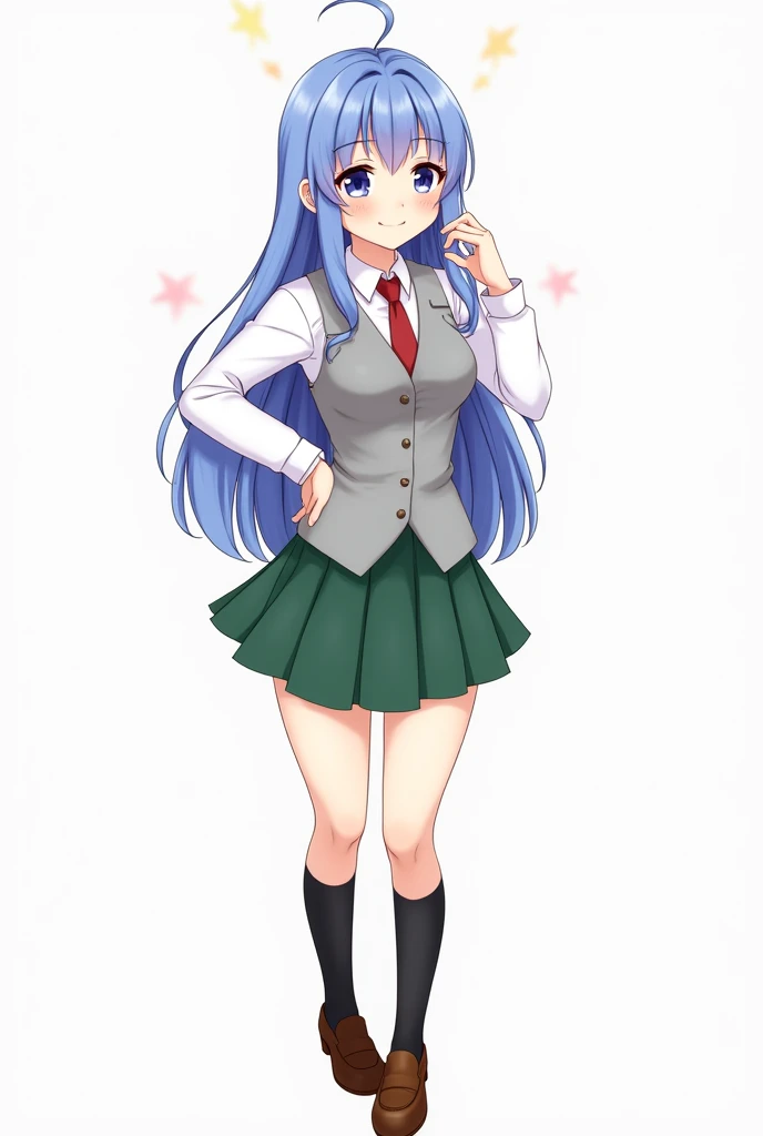 ((best quality)), ((highly detailed)), masterpiece, (detailed eyes, deep eyes), (1girl), full body,nejire hado, blue eyes, ((periwinkle hair)), long hair, large breasts, :D, white shirt, school uniform, green skirt, red tie, grey vest, black socks, brown loafers, u.a. school uniform, (plain lighting), nude