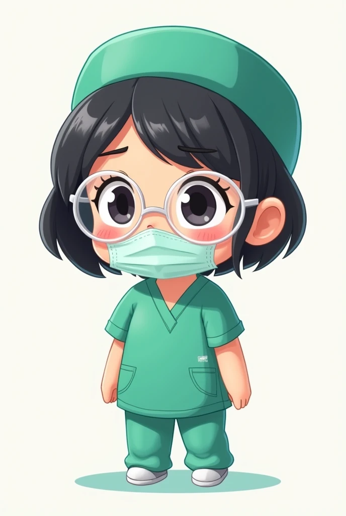 Cartoon chibi girl wearing a green medical hat, a mask covering her mouth, a green scrub, clear glasses, black hair