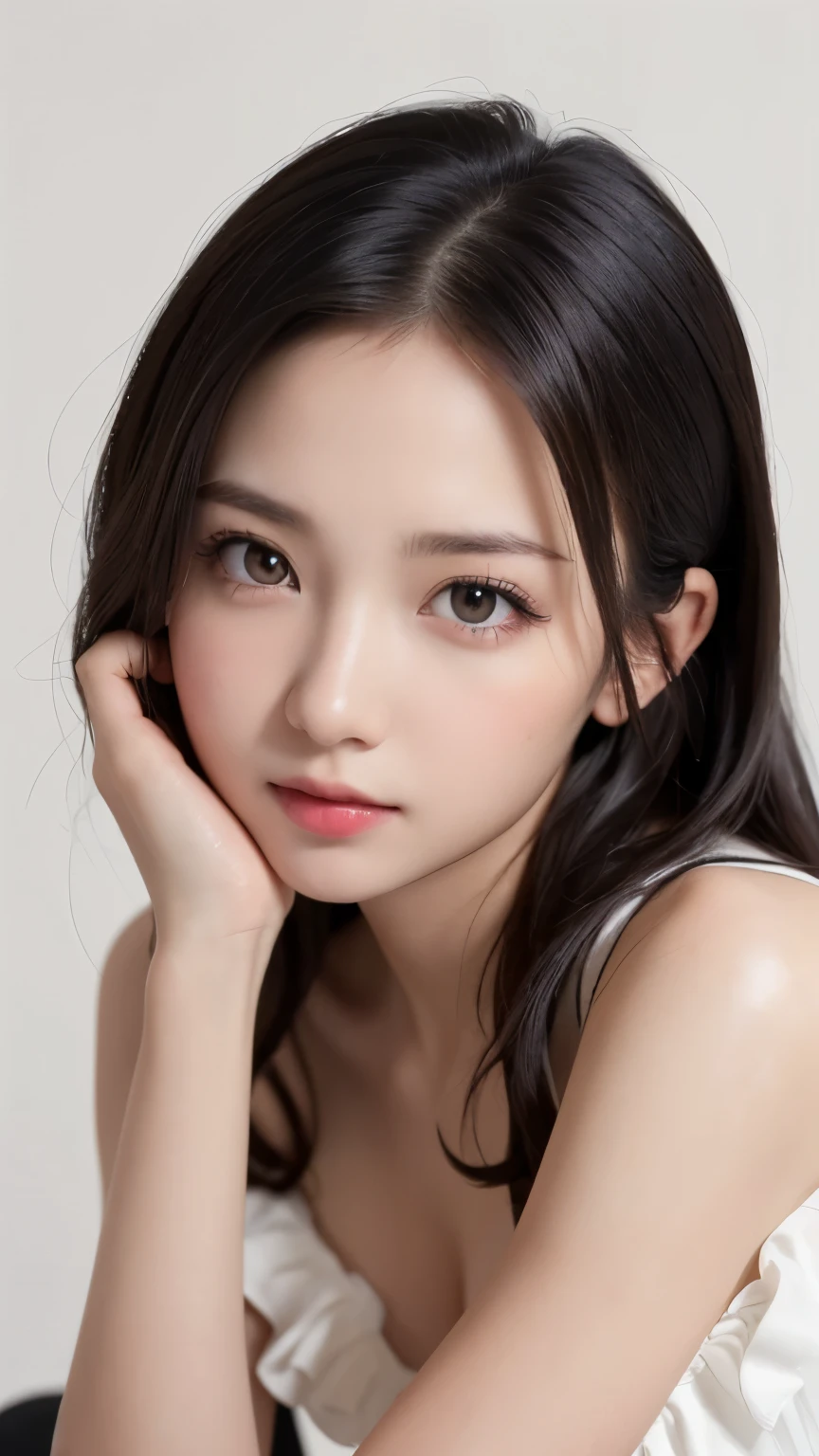 (((forehead、squatting:1.5、A calm face、Northern Europe、White、beautiful girl、Black Hair、White background、Frill dress、cute、Young、True Face、Shiny Hair、whole body)))、table top, highest quality, figure, super detailed, finely, High resolution, 8k wallpaper, Perfect dynamic composition, detailed and beautiful eyes, Deco out,bionde, breasts, Natural color lip,white background, random cute poses,