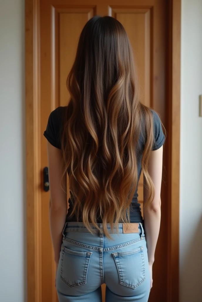 thin woman from the front, long brown hair with highlights, ultra realisitic, with 1,3 meters tall, next to a super basic brown bedroom door, showing how small it is. showing the full height of the door, being shown in casual clothing.