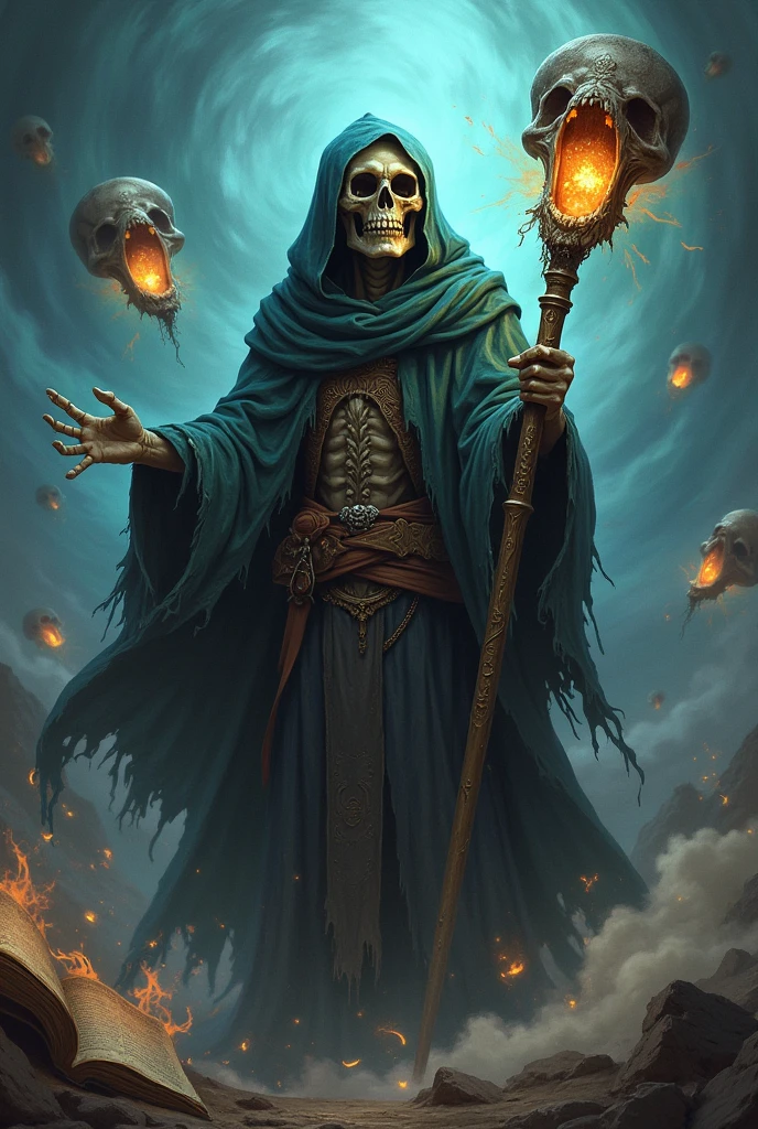 a skull holding a staff, magic in the background, high detailed, old and torn clothes, books with teeth and eyes flying around, frightful