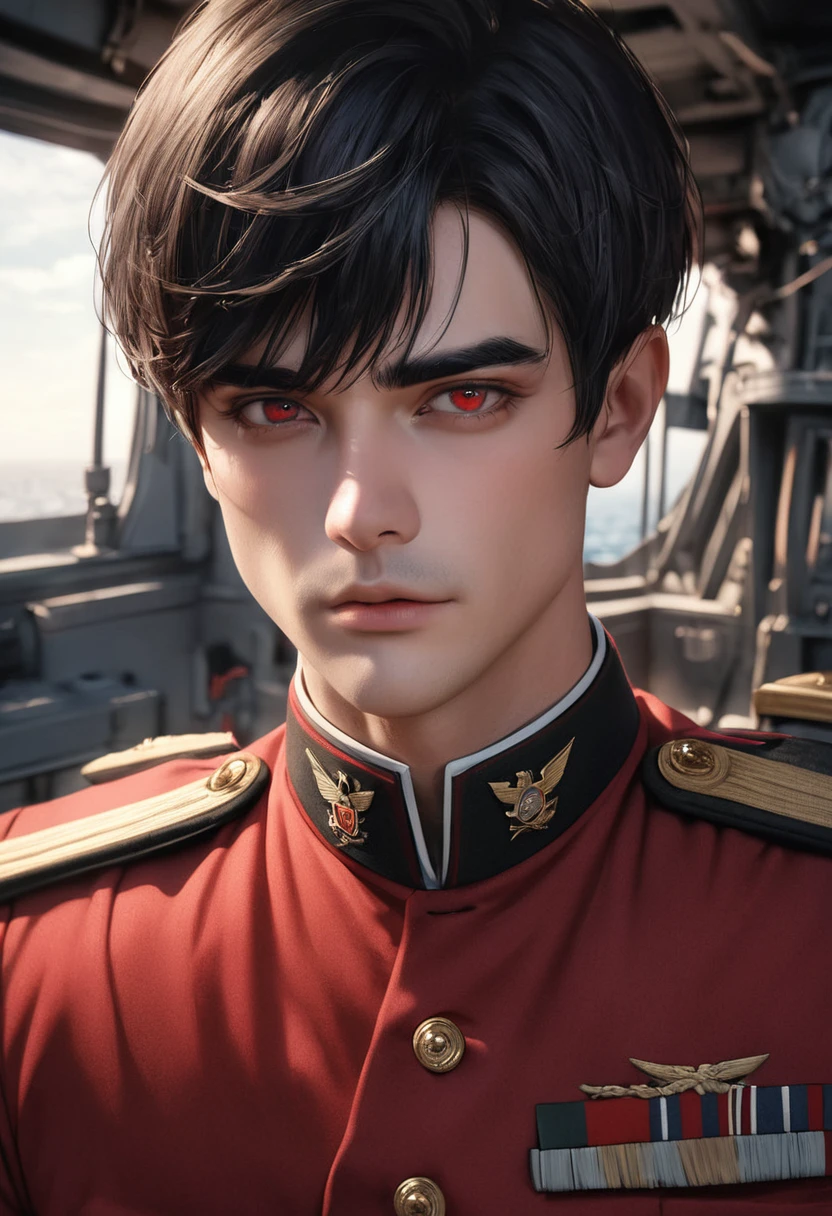 1 person male Black short hair Black eyebrows Bangs that cover the eyes Crimson Eyes Red military uniform Inside the battleship Realistic
