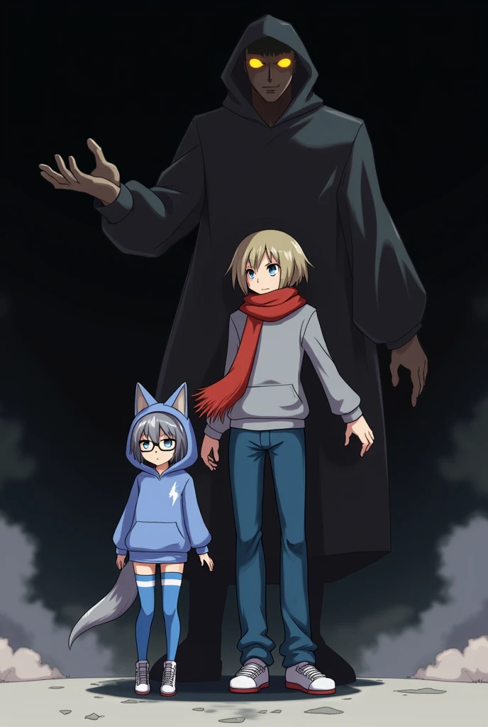 Anime pointing, black void man, with orange hollow eyes, red scarf, gray hoodie, blue jeans, with a girl, wearing a blue hoodie with only 2 white stripes on the chest of the hoodie and arms, blue thigh highs with white strips only 2, wearing blue cone on head with white stripe, wolf ears, wearing basic circle glasses