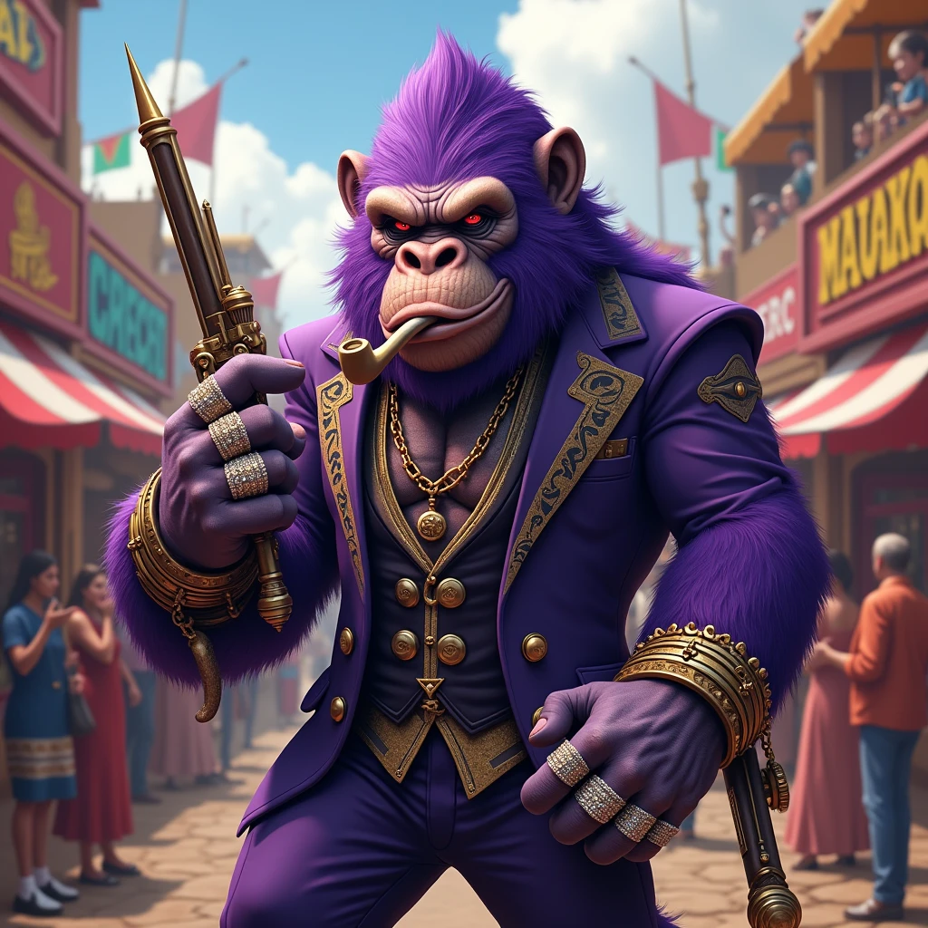 Purple Ape, with giant weapons, with gangster SUIT with chains, tattooed, with diamond and gold rings, smoking with a pipe, at an Indian fair, has to be in the foreground