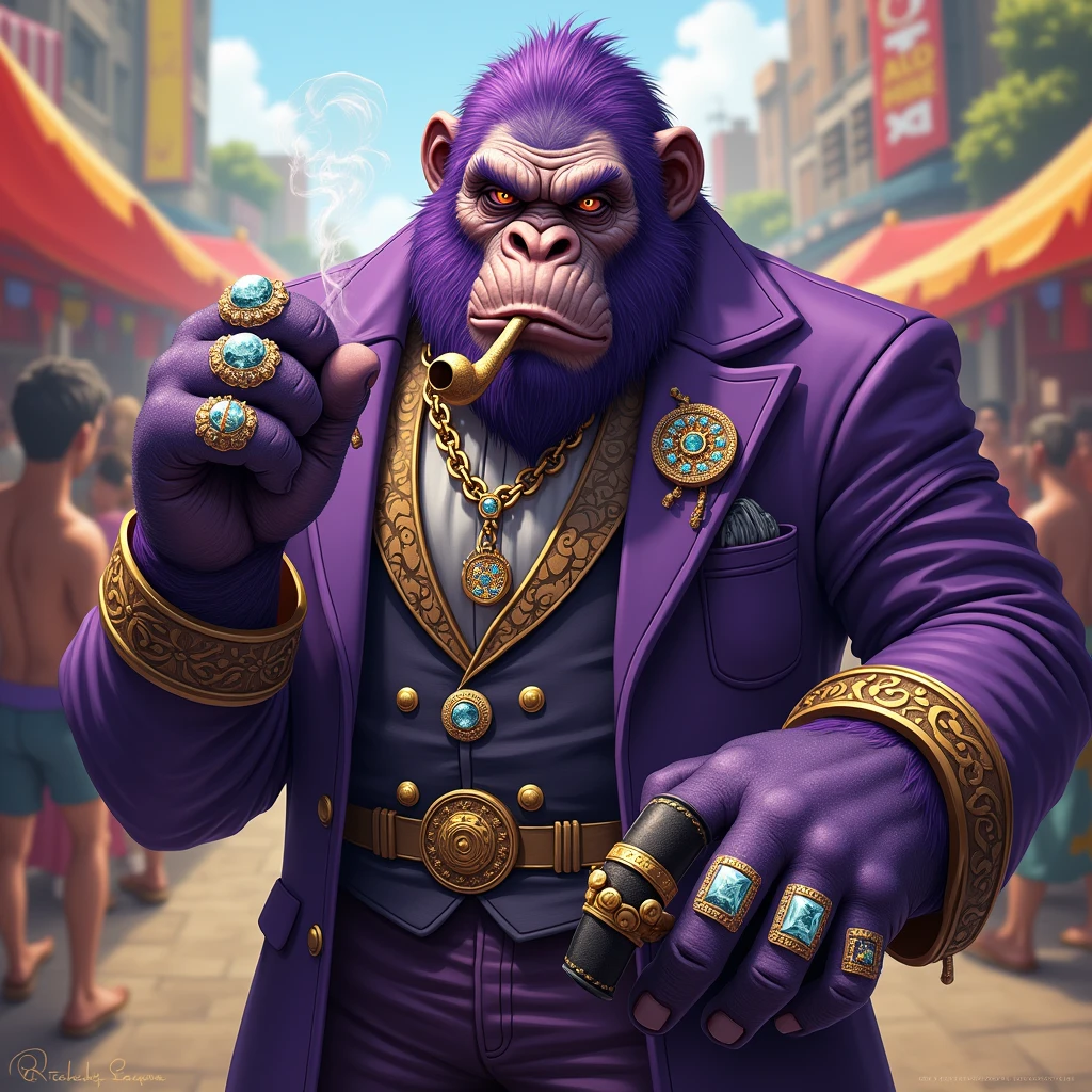 Purple Ape, with giant weapons, with gangster SUIT with chains, tattooed, with diamond and gold rings, smoking with a pipe, at an Indian fair, has to be in the foreground