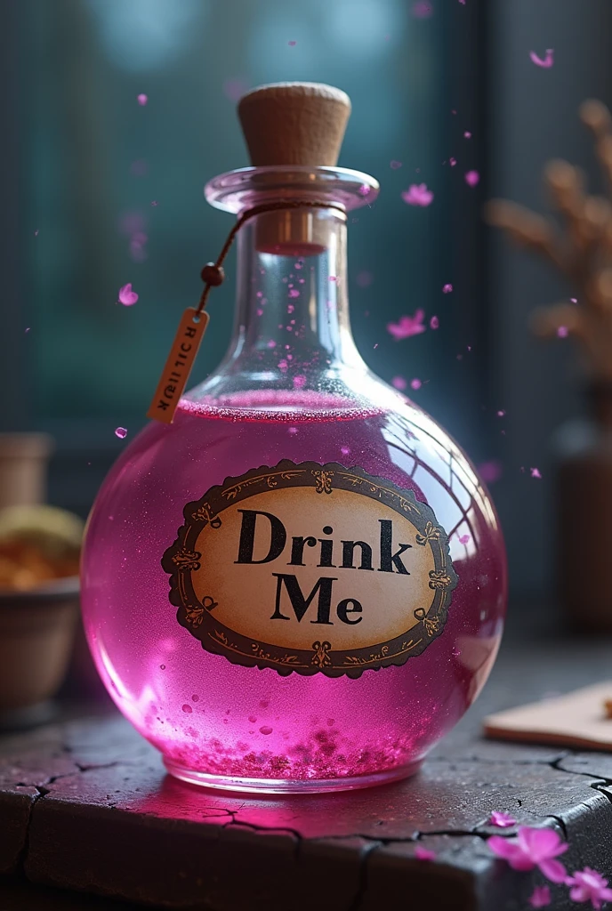 create alice in wonderland potion, that has a label that says [drink me[ but it has a strip and the tag hanging, that the potion looks shiny, that it is transparent pink