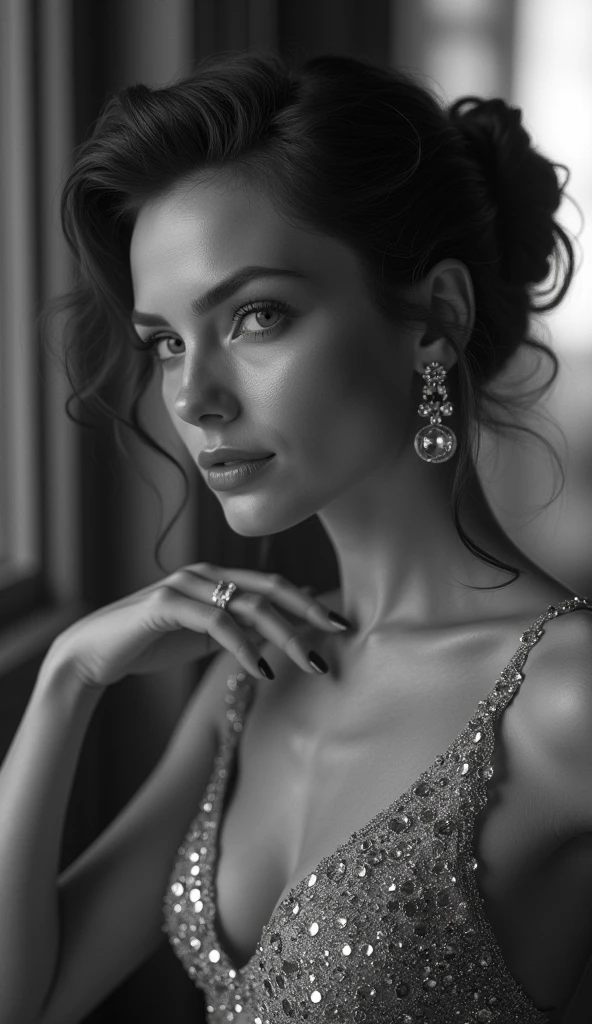 A glorious confident woman, Luxury Vintage Fashion House, 1920s Hollywood style, hyper realistic black and white photography, in the style of shiny swarowski crystals.
