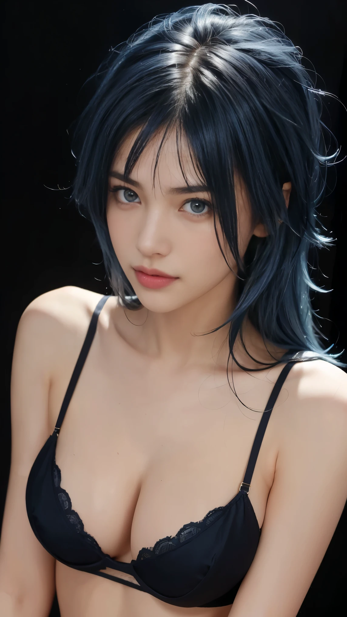 8K, Top Quality, Intricate Details, Ultra Detail, Ultra High Resolution, Masterpiece, close up shot, (full body: 1.1), ((close up shot, face shot, close up shot, portrait, face shot, passport shot, very close up shot, )) (()), Slender, Smile, smirk, (Makeup: 0.4), ), (Fluffy Eyes: 1.21), (((( )))), 1girl, solo, 1 girl, ((blue hair, blue hair, dark blue hair, (long hair), (bangs), bangs,,dark blue hair, blue hair , blue eyes, messy hair)), close up shot, , ((tall)), (((fit body))), (((slim face))), sharp face, (( micro bra)),(micro panties), ((black micro bra, micro bra)), (detailed face), sharp face, small lips, smile, smirk, (( walking pose, walk pose)), ,
((,)), , ((,)), detailed face, detailed breast, detailed breast, , ((large breast, huge breast, )), detail ass, Narrow Waist, Skinny, slim tall , 195 cm tall, Muscular, Navel, Exposed Abdomen, Pointed Chest,, Beautiful girl with accentuated slender abs: 1.4, Six Pack Abs: 1.4, Bust Botox, Big, Perfect Body, detail leg, (( dark background)), black background,