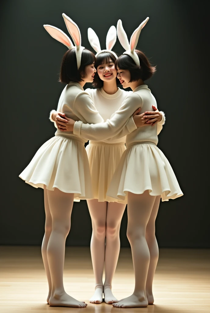 The dignity of the Japanese々Three beautiful women with short hair、Wearing a short white high-neck sweater、Wearing thick white tights、Wearing rabbit ears、She was wearing only tights and no shoes、Dressed as a rabbit from a Western fairy tale、On a small circular stage、They are standing on their tiptoes, hugging each other and laughing、Nostalgic atmosphere、Real photo of the whole body