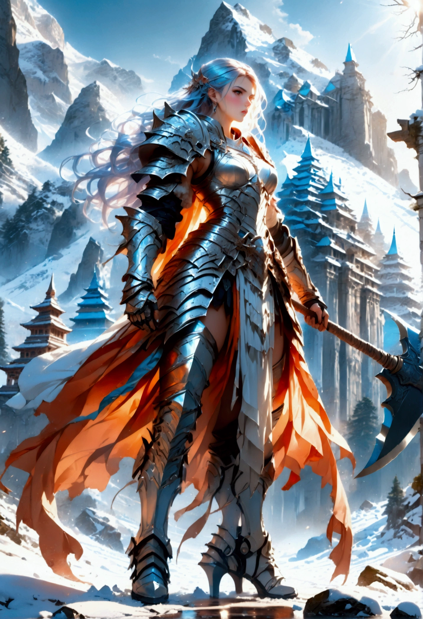 a fantasy art illustration of a female giant knight armed with a ((mighty battleaxe: 1.5)) standing at the temple gates built on snowy mountain, (((she is as tall as the mountain: 1.3))) a wild beautiful, exotic beautiful giant knight, ((anatomically correct: 1.5), (ultra detailed face: 1.2), best detailed face, dynamic hair color, dynamic hair style, armed with a giant axe, shiny axe, its blade reflects the sunlight, studded with gems, wearing metal armor, dynamic armor color, wearing high heeled boots, standing near a fantasy temple, magnificent temple, with a tower, on snowy mountain (((she is as tall as the mountain:1.3))), vibrant, Hyperrealism style, vibrant, Ultra-high resolution, High Contrast, (masterpiece:1.5), highest quality, Best aesthetics), best details, best quality, highres, ultra wide angle, 16k, [ultra detailed], masterpiece, best quality, (extremely detailed) RAW, rpg portrait battleaxe