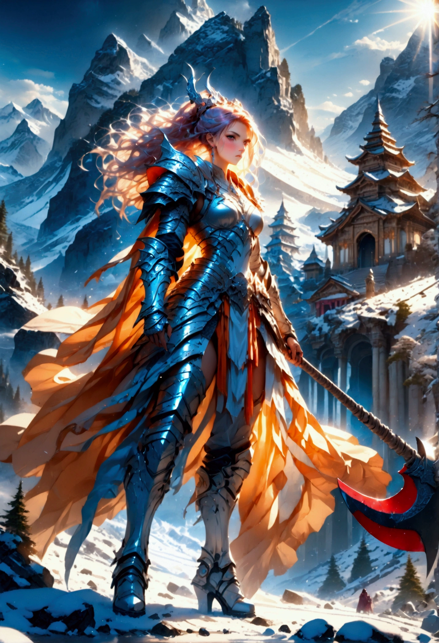 a fantasy art illustration of a female giant knight armed with a ((mighty battleaxe: 1.5)) standing at the temple gates built on snowy mountain, (((she is as tall as the mountain: 1.3))) a wild beautiful, exotic beautiful giant knight, ((anatomically correct: 1.5), (ultra detailed face: 1.2), best detailed face, dynamic hair color, dynamic hair style, armed with a giant axe, shiny axe, its blade reflects the sunlight, studded with gems, wearing metal armor, dynamic armor color, wearing high heeled boots, standing near a fantasy temple, magnificent temple, with a tower, on snowy mountain (((she is as tall as the mountain:1.3))), vibrant, Hyperrealism style, vibrant, Ultra-high resolution, High Contrast, (masterpiece:1.5), highest quality, Best aesthetics), best details, best quality, highres, ultra wide angle, 16k, [ultra detailed], masterpiece, best quality, (extremely detailed) RAW, rpg portrait battleaxe