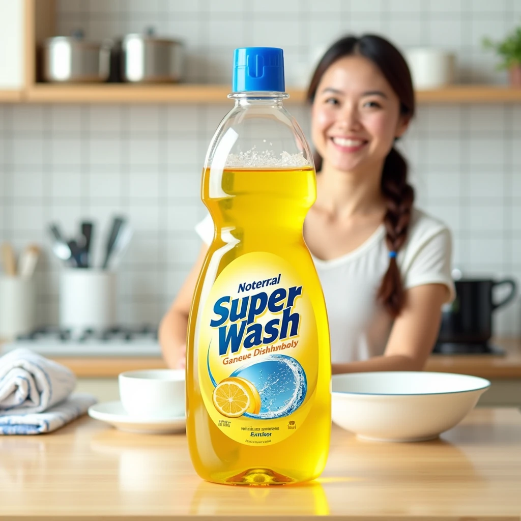 Super wash logo and yellow transparent clear liquid with DISHWASH background and kitchen with lady