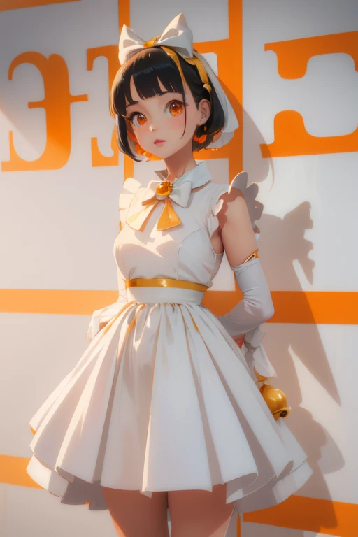 Concept art, beautiful young anime girl, 1950s style haircut, orange bow ((on head)), orange eyes, white 1950s vintage dress((all white)), black ((bow on dress collar)) ((with gold bell center)), white gloves, futuristic retro background, 50s Sci-fi, 1950s time period, warm colors, vivid colors