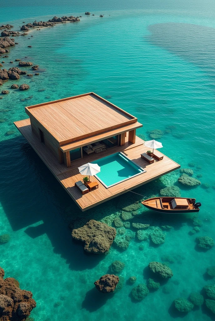 The image is an aerial view of a luxurious floating house in the middle of the ocean. The house is made of wood and has a flat roof with multiple levels. It has a large swimming pool in the center and a wooden deck on the right side. There are several lounge chairs and umbrellas on the deck, providing a perfect spot to relax and enjoy the view. On the left side of the house, there is a small wooden boat with a motor, floating on the water. The water is a beautiful turquoise color and there are small rocks and coral reefs surrounding the house. The overall atmosphere of the image is peaceful and serene.
