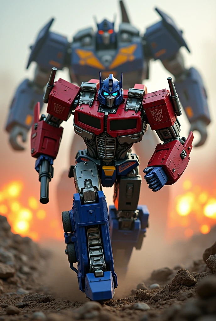 a highly detailed and realistic Optimus Prime robot. Hulk buster, very detail. High tech.extremely dynamic and energetic pose, running and jumping through a war-torn battlefield, firing a bazooka. Big on his back engaged in an intense battle with Megatron, cinematic tilt-shift photography effect, hyper-detailed, 8k, photorealistic, dramatic lighting, vivid colors, industrial sci-fi, best quality. Very epic. Ashes everywhere. Ember. Michael bay. Travis knight. Hasbro. Takara tomy. Transformers galaxy force. Galaxy convoy.