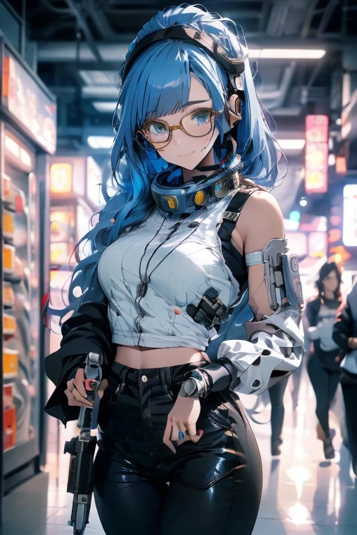 Anime女の子 with headphones and a blue hair holding a gun, A mix of anime robots and organic matter, Robot Girl, cute Cyborg Girl, Cyborg - Girl, Portrait Anime Astronaut Girl, Cyborg Girl, Perfect android girl, Portrait of an armored astronaut girl, スチームパンク Anime mech, Anime Manga Robot!! Anime, perfect Anime Cyborg woman, Beautiful girl cyborg, Anime Cyborg,Wear glasses, Smiling with teeth showing,