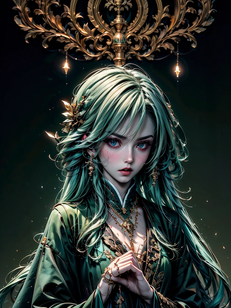 Anime Witch,Hair Color Azure,Eye Color Dark Green,The scale of the painting is breathtaking,Casts a Spell and Everything Rises with Gusts of Wind,Charming with a Beautiful Figure,hands up,Spell Book Glows Golden Color, the forest, High Definition Wallpapers 4k, Fantasy, fantasy, Details maximum, masterpiece, Clear Development of the Picture