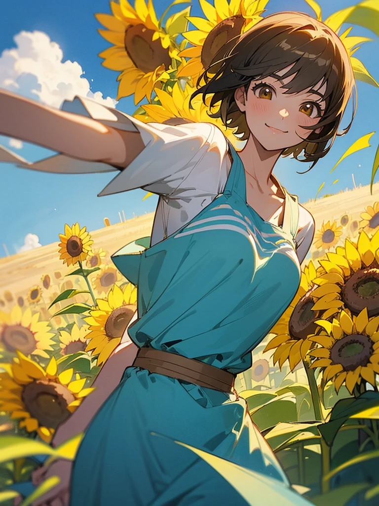  master piece, best quality, for below, cinematic angle, upper body , pigeon toed,  
Anime-style Moe illustration, summer vacation theme, 20-year-old woman, sunflower field, short hair, 
Picnic Maxi Dress, slightly inner thighs, smile, accurate drawing, Active pose, Active Angle, 