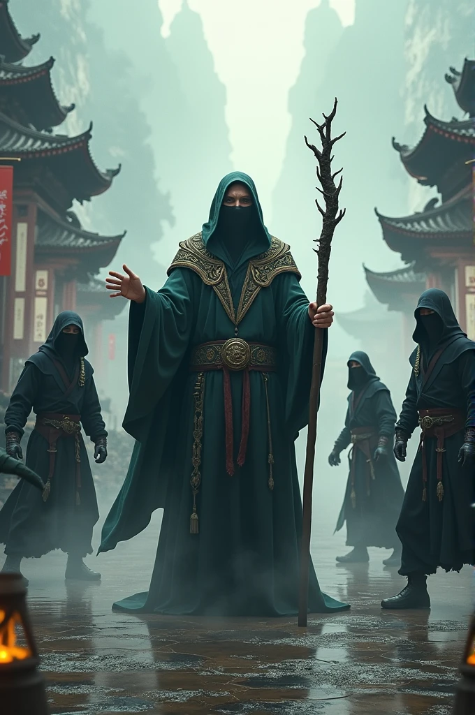 Powerful wizard with three ninjas 