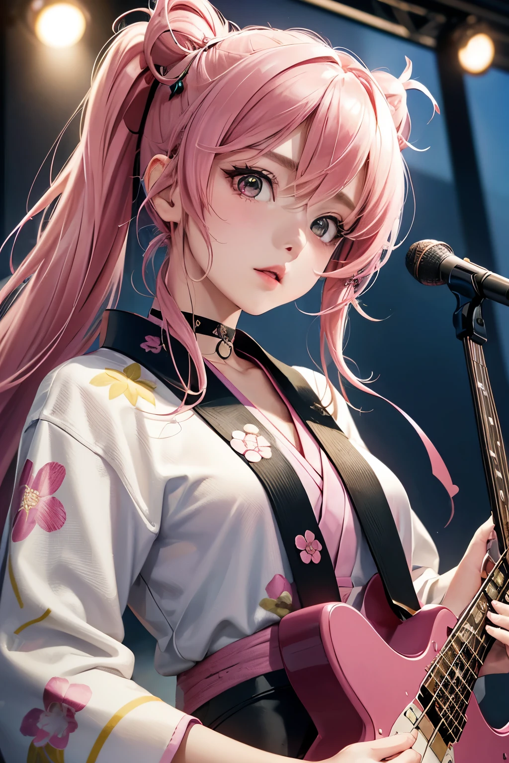 masterpiece, best quality, very detailed, high resolution, expensive resolution, high resolution, 4K, 8k, Unity 8k wallpaper, highly detailed CG, masterpiece, 2D, 3D, beautiful details, depth, fine texture, best quality: 1.3, perfect focus, crispy skin, he,
Very cute anime girl, girl playing baseguitar vocals in a band wearing a Japanese fancy floral haori hakama, on outdoor stage, full body, expensive pink twin tail hair, mole under eye, looking at the viewer, expensive, blush, mole, lips open, , heart choker, pink eyes, guitar vocals, stage,Full body of an anime girl with pink twin-tailed hair wearing a Japanese kimono and playing a bass guitar on stage at a cyberpunk festival