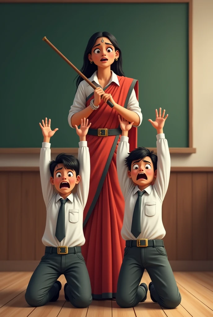 Two 19 year old indian boys wearing long sleeve white shirt,  school tie and square shape buckle belt is kneeling inside the class room next to the black board with their hands raised straight high up in the air.  A lady teacher with saree scolding them with a stick in her hand.  Boys showing pain 