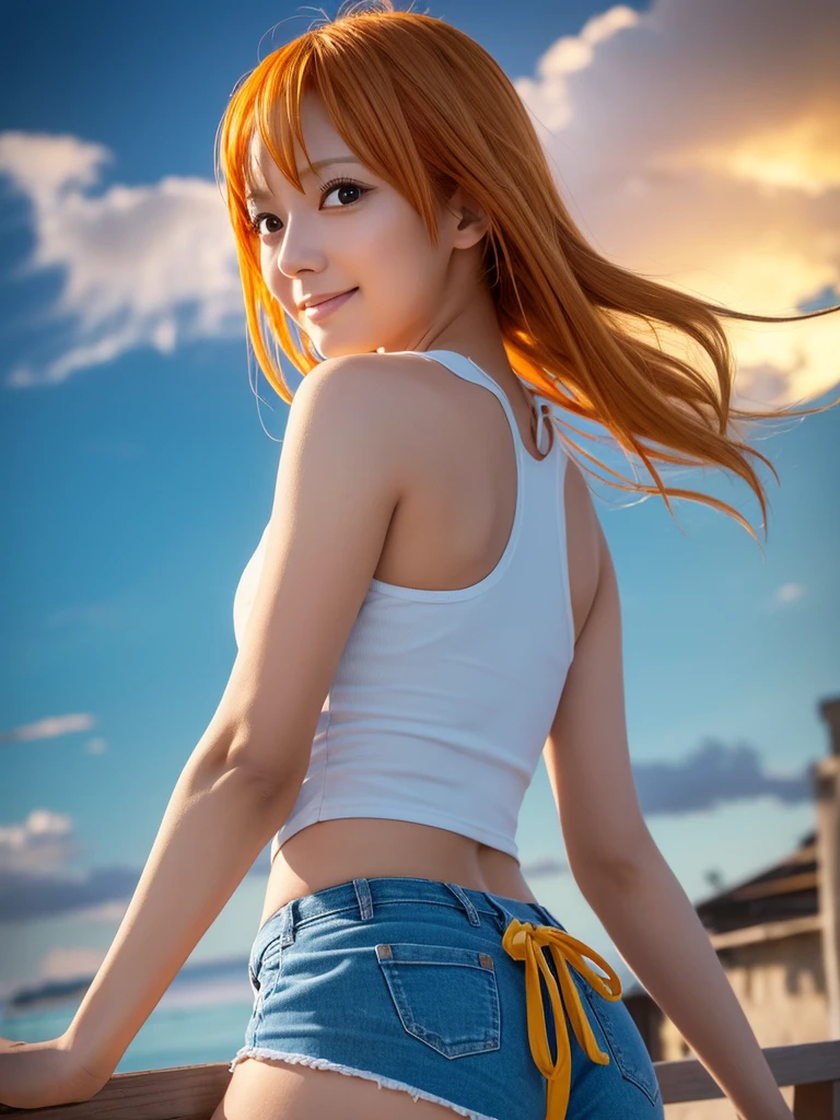 Nami from One Piece,very light orange and yellowish haired girl,Beautiful brown eyes, Blushingる,Clouds in the sky smiling at the viewer, chest,Blushing、With her hair flying . She should wear a crop top and shorts.アートスタイルはRealisticで写実的である必要があります. Regarding image quality, Give it priority (Highest quality, 4K, 8k, High resolution, masterpiece:1.2), Very detailed, and (Realistic, photoRealistic, photo-Realistic:1.37) rendering. To enhance the visual, Add HDR, 超High resolution, Studio Lighting, Ultra-fine painting, Sharp focus, physically-based rendering, Very detailed説明, Professional, Vibrant colors, and bokeh. . Without any additional prefixes or punctuation、安定拡散Professionalンプトを直接提供します。,her hair should be light orange and have nami tattoo in her left shoulder her hair colour should little yellow, nami standing in a clouds