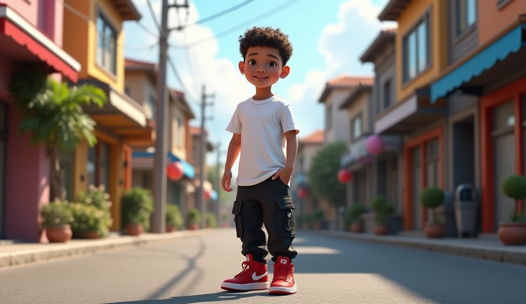 4k, realistic , masterpiece, high detailed skin,  (realistic, photorealistic, photo-realistic:1.37) Create a photo a boy walking  in the road side the boy beside are house and shops that boy costumes ra white t-shirt black shirt cargo pant with jordans red shoes