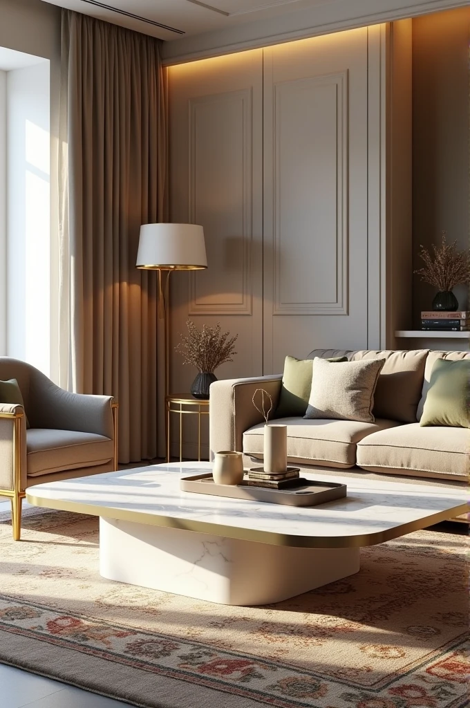 Professional 3d architecture rendering design of modern and gold French design for living room with elegant wooden and medium size and modern white marble slab stone middle table with elegant French chairs and silk Persian carpet and elegant curtains and clothes wall and showing complete