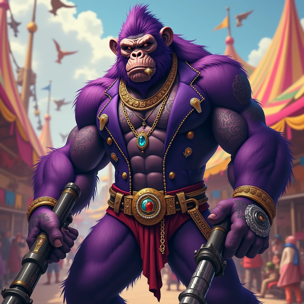 Purple Ape, with giant weapons, with gangster SUIT with chains, tattooed, with diamond and gold rings, smoking with a pipe, at an Indian fair, has to be in the foreground