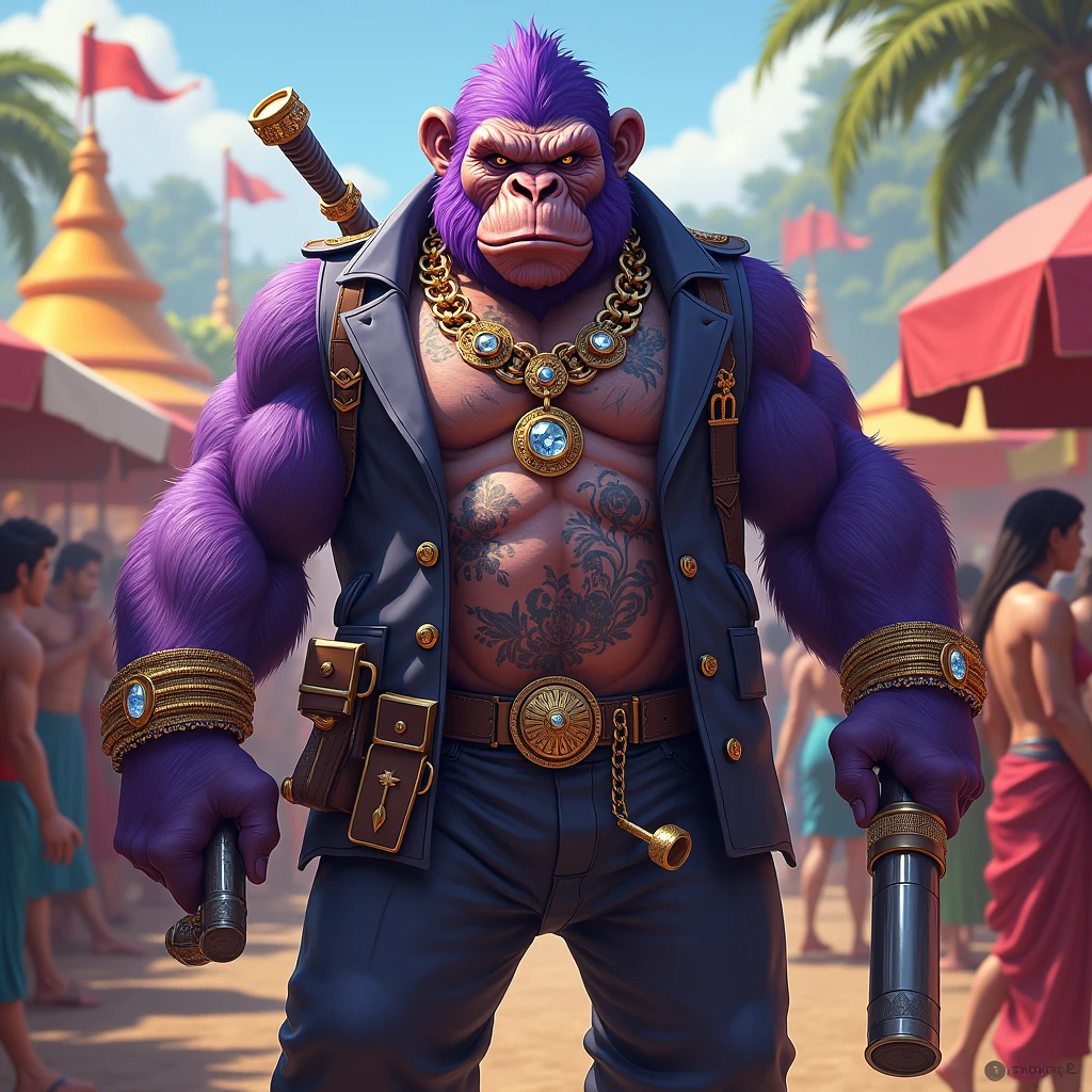 Purple Ape, with giant weapons, with gangster SUIT with chains, tattooed, with diamond and gold rings, smoking with a pipe, at an Indian fair, has to be in the foreground