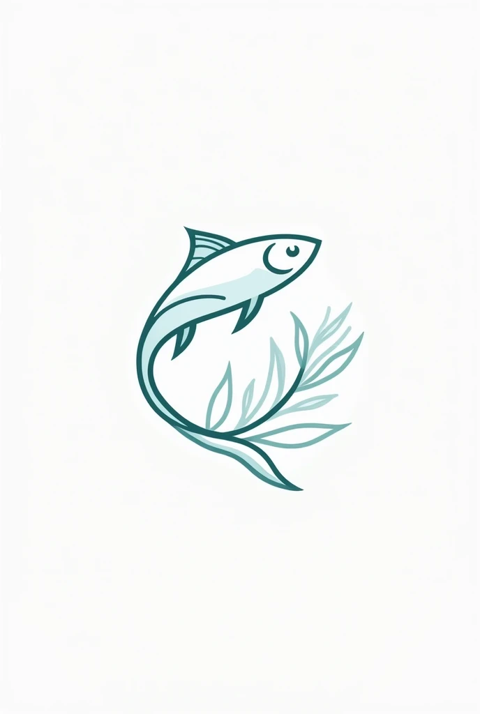 Logo of a fish and a plant together, with a white background and a blue color palette. With lines, Unfilled.