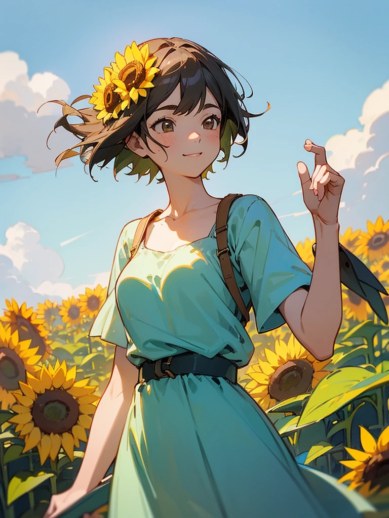  master piece, best quality, for below, cinematic angle, upper body , pigeon toed,  
Anime-style Moe illustration, summer vacation theme, 20-year-old woman, sunflower field, short hair, 
Picnic Maxi Dress, slightly inner thighs, smile, accurate drawing, Active pose, Active Angle, 