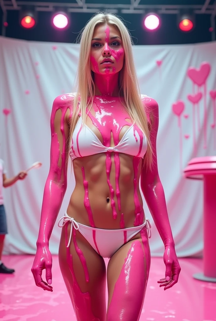 Create a chaotic game show scene, in which a blonde candidate with long straight hair and wearing a white latex bikini is covered in bright pink slime. The face, the candidate's hair and upper body should be almost completely covered by the thick mucus, dripping over her shoulders and chest. She stands in front of a white background, with residues of other substances such as cream or cake filling visible on her body and in the background. The setting should be a game show stage with bright studio lighting and some visible game show elements such as a podium or audience seats. The overall mood should be playful and fun, focusing on the chaotic aspect of the show.