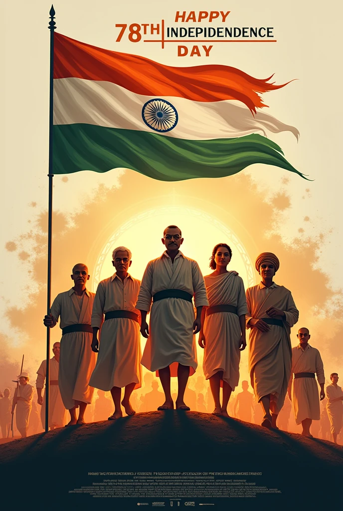 "Create a vibrant and powerful poster commemorating the 78th Independence Day of India. The poster should feature key Indian freedom fighters, including Mahatma Gandhi, Jawaharlal Nehru, Subhas Chandra Bose, Sardar Vallabhbhai Patel, Bhagat Singh, Rani Lakshmibai, and Sarojini Naidu, all depicted as standing united in their struggle for freedom. The background should include elements like the Indian tricolor flag waving majestically, an abstract representation of historical events such as the Dandi March, and symbolic imagery of unity and resistance. The poster should have a modern artistic style with dynamic lighting and colors that convey the spirit of independence. Include the text '78th Independence Day' at the top in bold, elegant font, and 'Honoring the Brave Souls of India's Freedom Struggle' at the bottom."