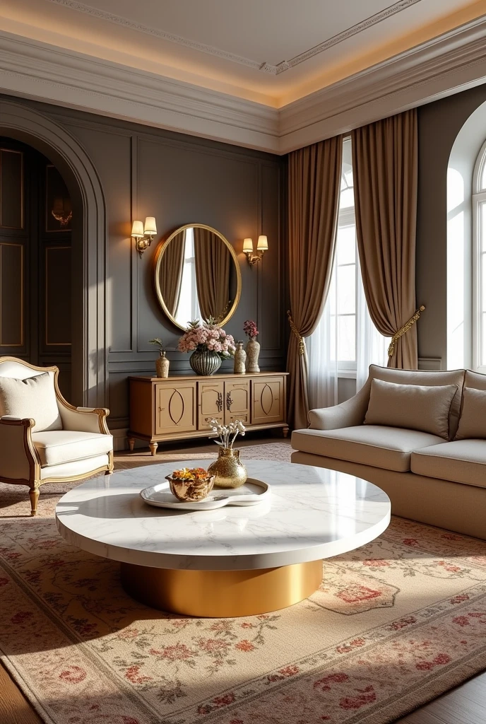 Professional 3d architecture rendering design of modern and gold French design for living room with elegant wooden and medium white marble slab stone middle table with elegant French chairs and silk Persian carpet and elegant curtains and clothes wall and showing complete and elegant accessories and furniture