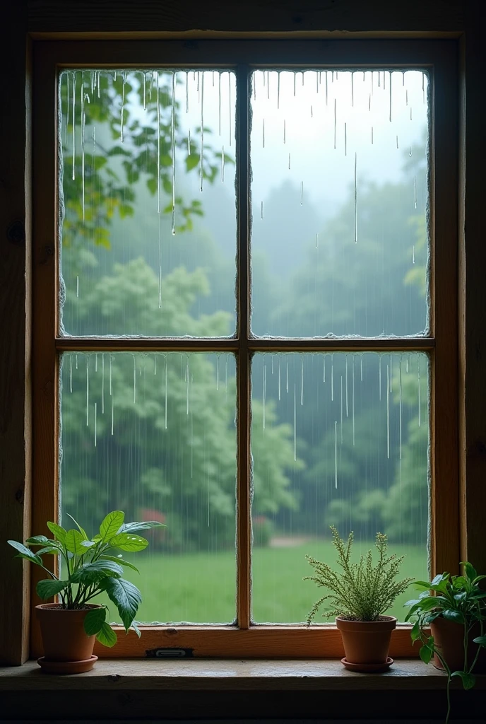 Image of a window in a camping house with rain falling outside