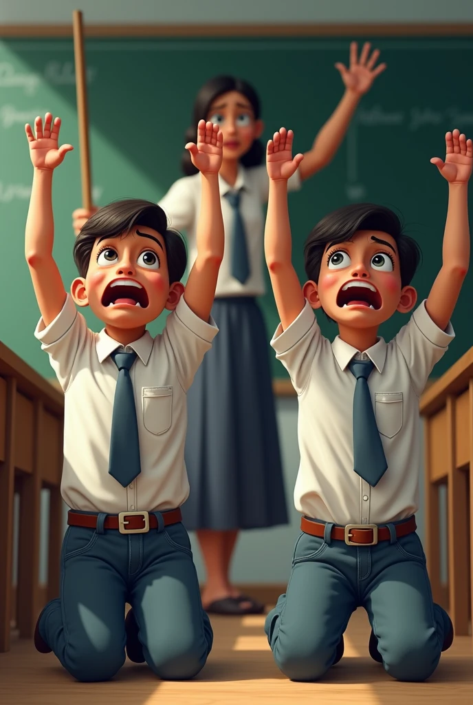 Two 19 year old indian boys wearing long sleeve white shirt,  school tie and square shape buckle belt is kneeling inside the class room next to the black board with their hands raised straight high up in the air.  A lady teacher with saree scolding them with a stick in her hand.  Boys showing pain 