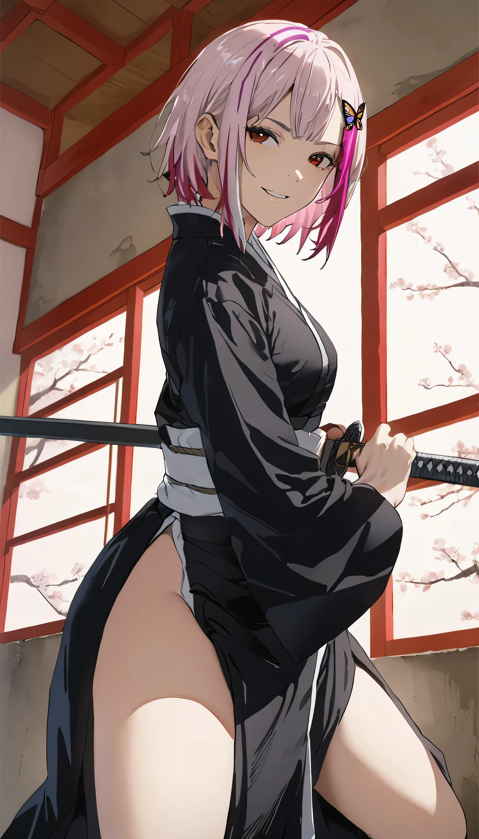 (masterpiece), (best quality), (ultra-detailed), (highest quality), (2.5D), (1 girl), very delicate facial expressions, (smirk), erotic, only sexy woman, healthy figure, ((22-year-old woman)), 170cm tall, medium firm swaying breasts, ChopioMeiMei, (medium hair), high ponytail, sidelocks, hair scrunchie, parted bangs, (pink hair:1.5), pink and salmon pink, ((streaked hair:1.9)), (highlights hair: 1.6), butterfly hair ornament, forehead, hair ornament, red eyes, ((red lipstick)), (thin thighs), (Erect nipples:0.2), (haori), belt, black pants, coat, demon slayer uniform, japanese clothes, japanese pants, uniform, iaidow, weapon, katana, holding a sword, sheathed, unsheathing, scabbard, facing straight at viewer, (((low angle/from below))), ((erotic pose)), in the living room in midsummer
