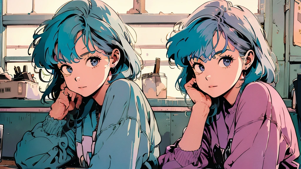masterpiece, Highest quality, A girl with pastel-colored hair, sitting in a cozy café, with a laptop and coffee, lost in her music. lofi hip hop,
