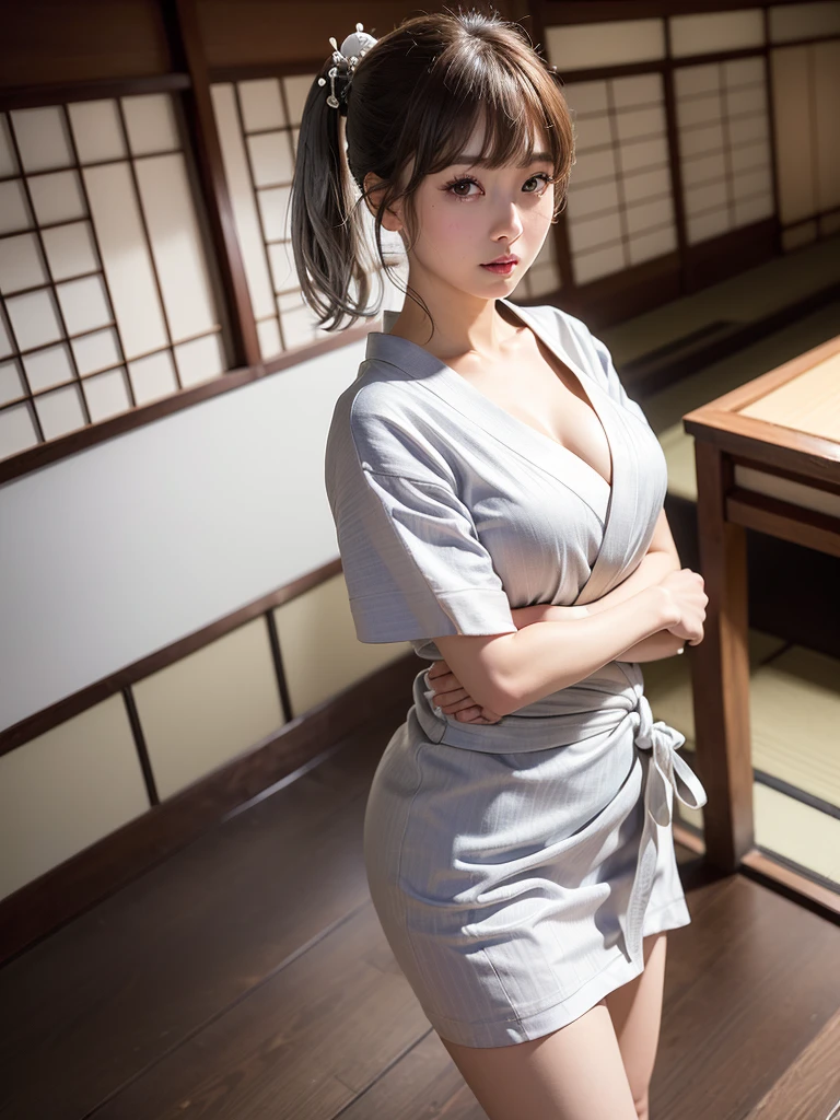 ( bangs, blunt bangs, brown hair, split ponytail, Depth of written boundary, f/4.0, 135mm, Nikon, uhd, masterpiece, Textured skin, Super detailed,4K,Wide-area lighting),(Beautiful woman: 1.4、Very white skin、Fine grain、 double eyelid)、(((hair ornaments、Silver Yukata、Bust Shot、Rin々Funny face、Sengoku period、Japanese-style building、Cool pose、Show from head to chest)))