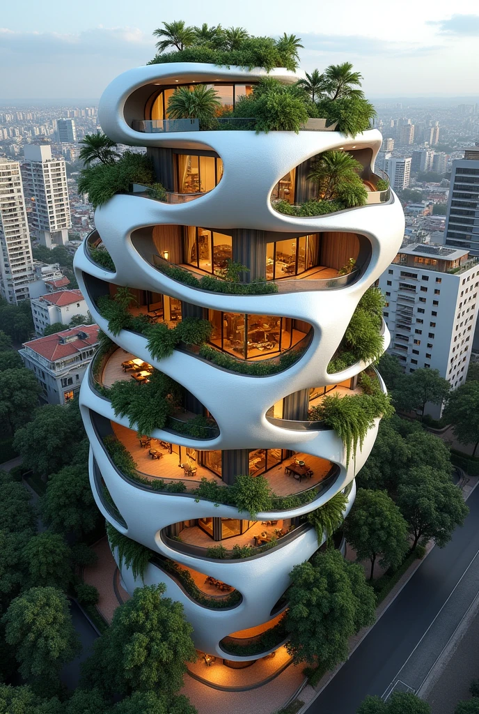 Give me a sketch of references to living from a realistic architectural perspective with curves but very 21st century with ventilation and lighting that gives priority to vegetation within a dense and urban city with spaces typical of a Bogotá city with a human scale with lots of ventilation and a dynamic but compact form from an aerial perspective. 
