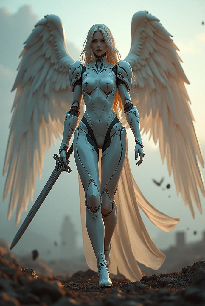 Seraph Gabriel,war effect,REAL - style image of a woman with a sword in a field, cyberpunk art inspired by Leng Mei, cgsociety contest winner, fantasy art, beautiful cyborg angel girl, angel knight girl, as a mystical valkyrie, Battle Angel, angel in plastic armor, mechanized valkyrie girl, unreal engine 4k wallpaper, wraith from apex legends, epic angel wings